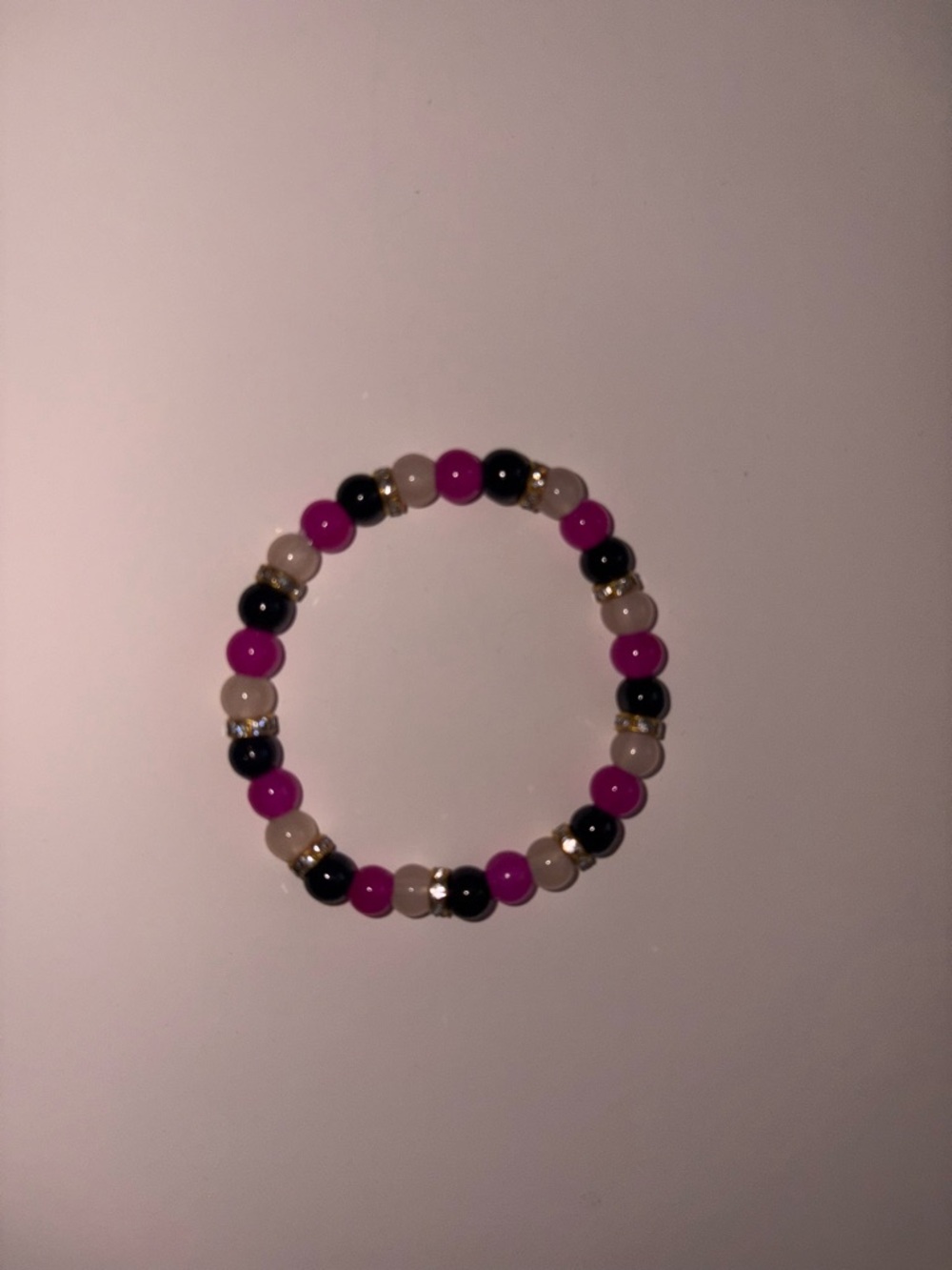 Handmade Beaded Stretch Bracelet with Pink, Black and Cream Beads
